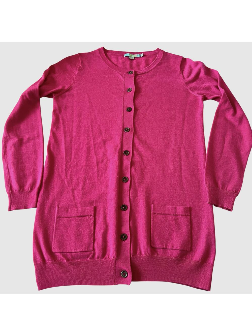 Boden Pink Longline Wool Cardigan Women’s US 8 Button Front Pockets Crewneck